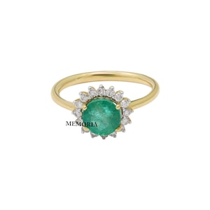 Green Emerald Round Faceted Gemstone Ring, 14k Yellow Gold Ring, Diamond Emerald Ring, Gold Jewelry Ring, Birthday Gift