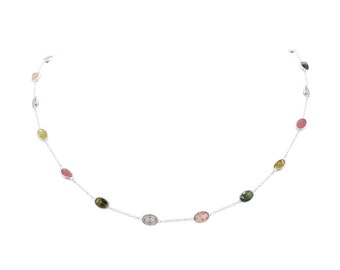 Fine Quality Multi Tourmaline Necklace, Rainbow Tourmaline, 925 Sterling Silver Necklace, Station Chain Necklace, Birthday Gift