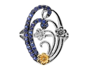 Blume Blau Saphir geschnitzt Ring: 925 Sterling Silber