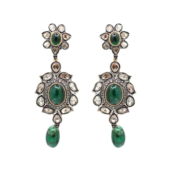 Emerald & Polki Diamond 925 Silver Gold Pendant Earring Pendant Jewelry Set