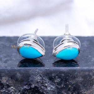 Natural Blue Turquoise Silver Studs, Tear Drop Turquoise Studs, Dainty Turquoise Studs Earrings, 925 Sterling Silver Stud Earrings For Women