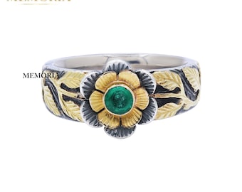 Flower Green Emerald Ring : 925 Sterling Silver
