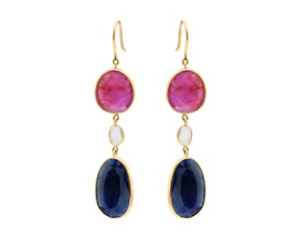 Blue Sapphire & Ruby Drop Earrings, Gemstone Jewelry, Ruby