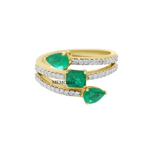 Emerald Three Stone Ring: Diamond Eternity Band, 18k Yellow Gold