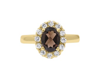 9k Gold Smoky Quartz Ring: Oval Gemstone & Cubic Zircon