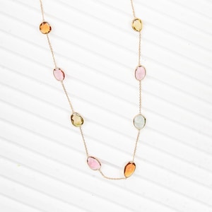 18k Yellow Gold Chain Necklace, Multi Tourmaline Gemstone Necklace, Gold Chain Necklace, Station Chain Necklace,
