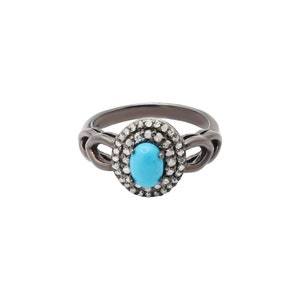 Genuine Turquoise Ring, Diamond Turquoise Ring, 925 Sterling Silver Ring, Vintage Turquois Ring, Diamond Halo Ring, December Birthstone Gift