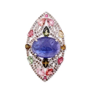 Großhandelspreis Tansanit Oval Cabochon Ring, Multi Turmalin Diamant Ring, Verlobungsring Silber, Personalisierung Geschenk