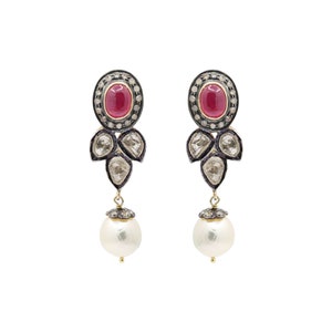 Natural Ruby Pearl Diamond Earrings, Ruby Pearl Earrings, 925 Sterling Silver Earrings, Ruby Diamond Earrings For Women, Ruby Dangle Earring