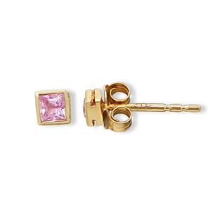 Side view of a square gold stud earring with a pink gemstone, showing the post and butterfly backing.