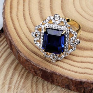 Blue Sapphire Square Faceted Gemstone Ring, 14k Yellow Gold Ring, Sapphire & Diamond Ring, Statement Ring, Personalization Gift