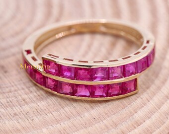 Anillo de oro amarillo de 14 k, alianza de boda con rubí para mujer, anillo de rubí de media eternidad, alianza de compromiso con rubí, alianza de compromiso con rubí, regalo de aniversario