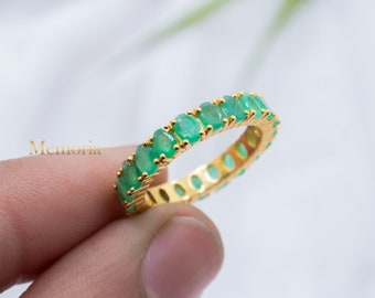 Real oval emerald eternity band ring | Natural emerald eternity ring | Emerald cut ring | 925 Silver Yellow Rose Gold Plated Ring Green Band