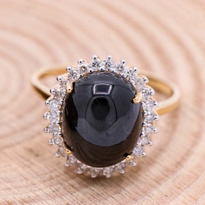 Natural Black Star Ring, Solid 14k Yellow Gold Ring, Black Star Halo Ring, Diamond Black Star Ring, Boho Statement Ring, Birthday Gift