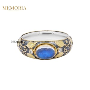 Rainbow Moonstone 18k Gold Ring, Flower Design Band Ring, Moonstone Diamond Gemstone Ring, Turkish Boho Moonstone Diamond Ring For Women