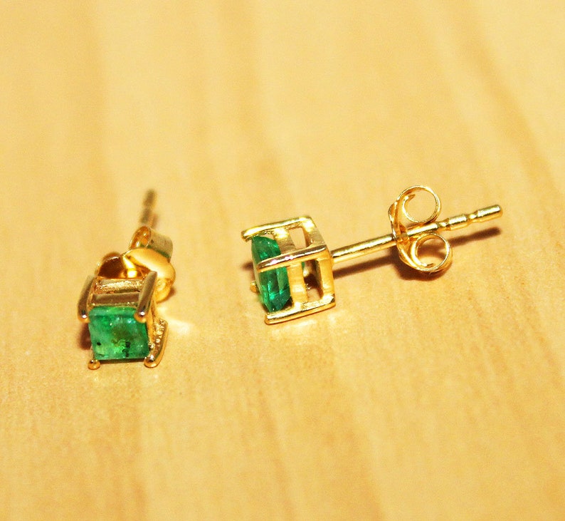 9K Gold Emerald Earrings Emerald Stud Earrings Square Etsy