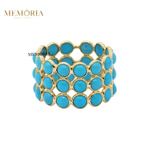 Blue Turquoise Bezel Band Ring, Full Eternity Band, 18k Yellow Gold Ring, Three Row Turquoise Band, Wedding Turquoise Band Ring For Women