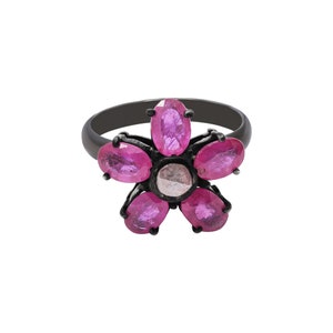 Natural Pink Ruby Ring, 925 Sterling Silver Ring, Flower Ruby Silver Ring, Gemstone Jewelry, Statement Women Rings, Vintage Birthstone Ring