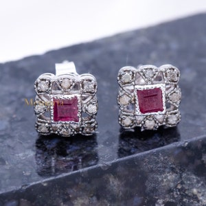 Natural Ruby Diamond Earring, 925 Sterling Silver Ruby Stud, Diamond Stud Earring, Ruby Stud Earrings, Perfect Gifts For Mother&#39;s Day Gift
