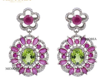 Green Peridot Ruby Gemstone Earring : 925 Sterling Silver Diamond