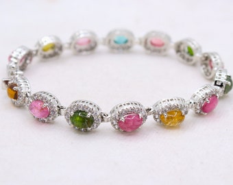 Pulseira com múltiplas turmalinas e zircônias cúbicas: Prata de lei 925