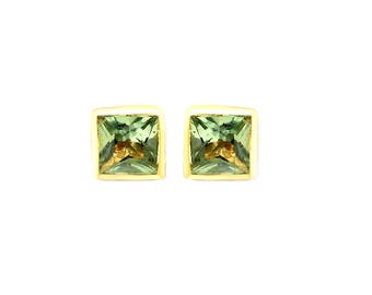 Green Sapphire Stud Earring  : 9k Yellow Gold, Square Bezel Set