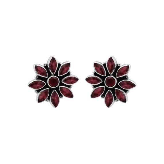 Natural Ruby Sterling Silver Flower Stud Earrings - Etsy Beautiful 925 Silver Ruby Flower Studs display picture 1