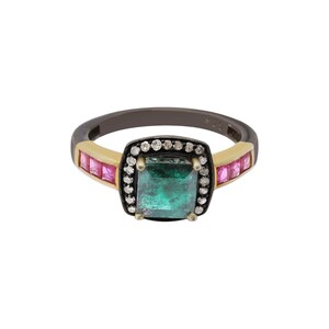 May include: A square emerald green gemstone ring with a halo of small diamonds and a band of pink sapphires.