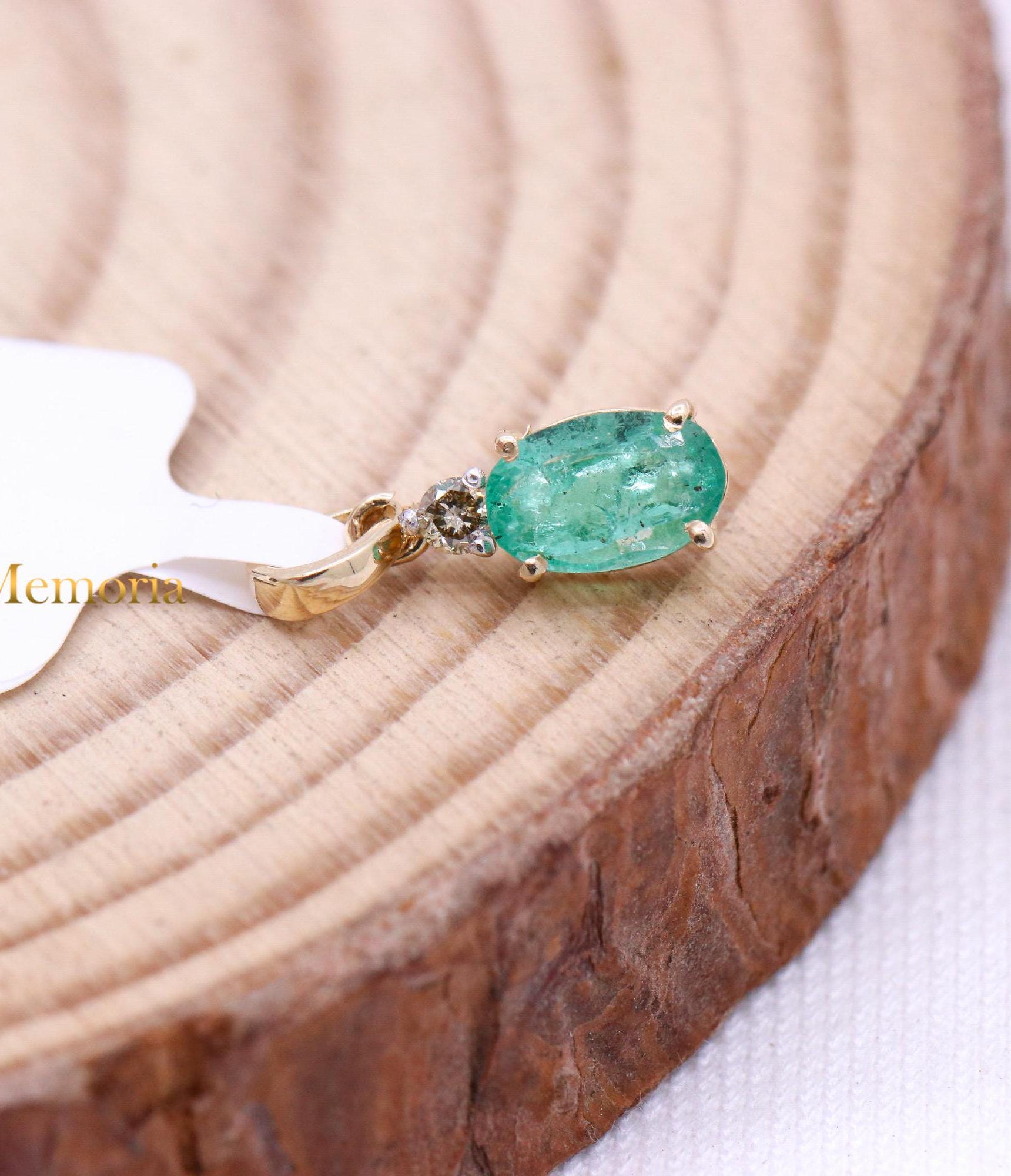 Green Emerald Oval Faceted Gemstone Pendant, 14k Yellow Gold Pendant, Diamond Emerald Pendant, Diamond Jewelry, Birthday Gift