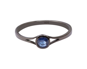 Blue Sapphire Ring: Tiny Gemstone, Black Rhodium 925 Sterling Silver