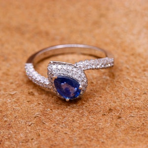 18k White Gold Blue Sapphire Ring, Pear Cut Sapphire Ring, Half Eternity Diamond Ring, Wedding Ring, Personalization Gift