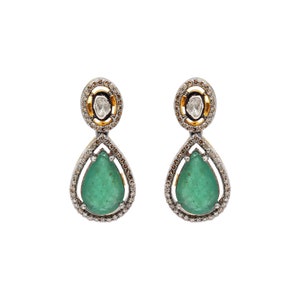 Natural Polki Diamond Earrings 925 Sterling Silver Dangle Earrings Emerald & Diamond Dangle Earrings Handmade Diamond Jewelry Earring