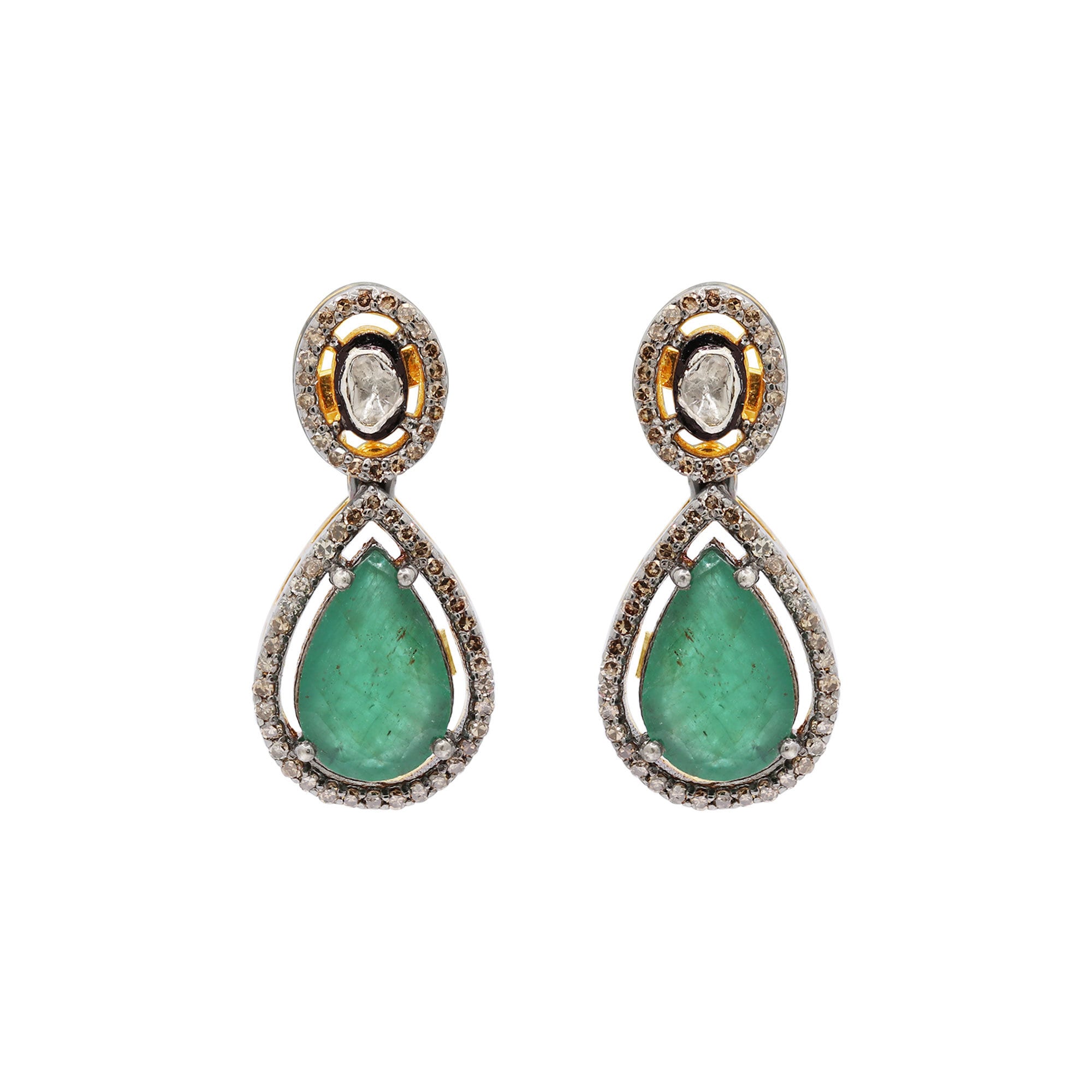 Natural Polki Diamond Earrings 925 Sterling Silver Dangle Earrings Emerald & Diamond Dangle Earrings Handmade Diamond Jewelry Earring
