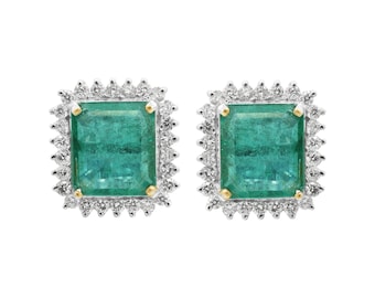 18K Solid White Gold Genuine Emerald Diamond Studs, 17x15mm Square Cut Emerald Earrings, Handmade Gemstone Earrings , Diamond Halo Studs