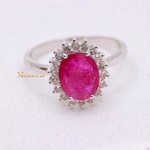 Ruby Diamond Gold Ring, 14k White Gold Ring, Ruby Engagement Ring, Diamond Ruby Halo Ring, Wedding Anniversary Ring, Birthday Gift