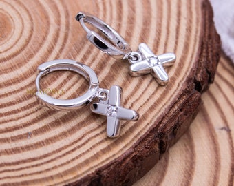 Sterling Silver Hoop Earrings: Minimalist Cross Dangle