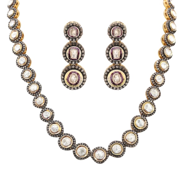 Collier Polki Diamant Naturel Argent 925 - 22 Pouces, Style Antique, Plaqué Or, Fait Main