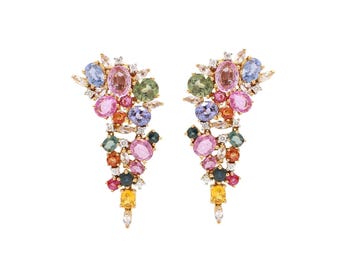 Multi Sapphire Diamond Dangle Earring : 18K Yellow Gold