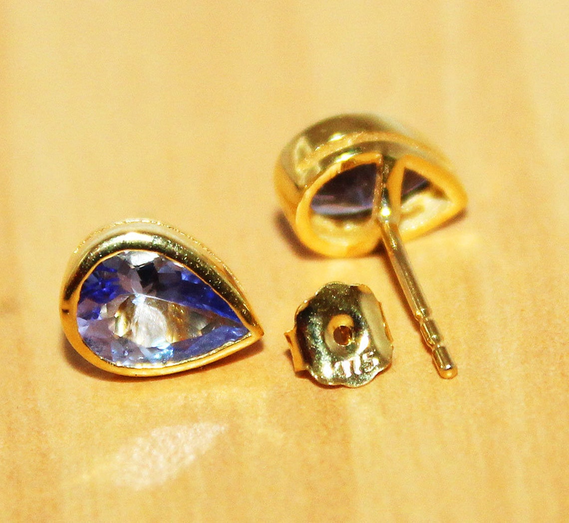 Tanzanite Stud Earrings 9K Yellow Gold Earring Teardrop Etsy
