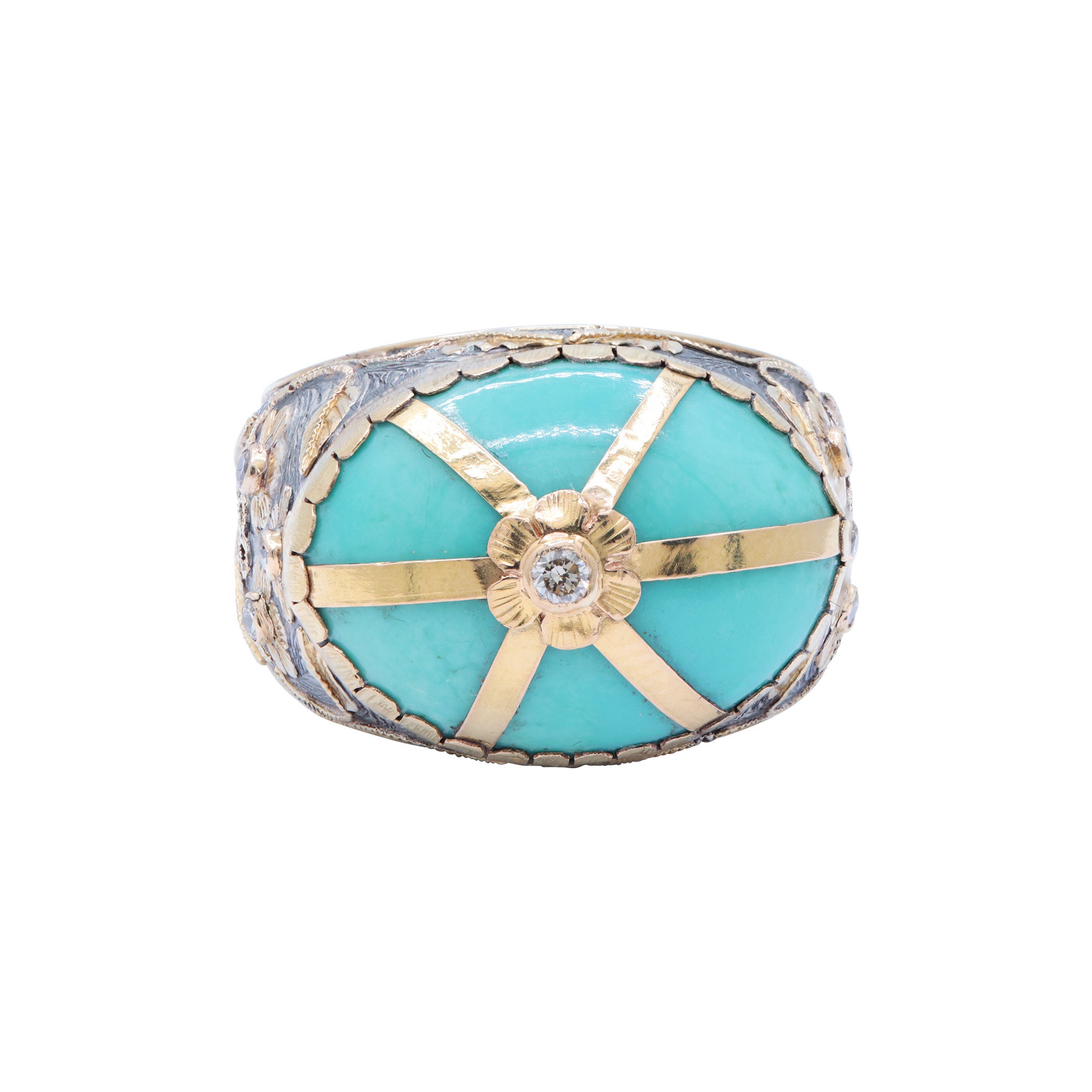 18金 ターコイズリング ダイヤモンド付き 18Kゴールドターコイズダイヤモンドリング：彫刻された宝石バンド