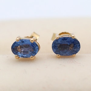 Blue Sapphire Oval Faceted Gemstone Earring, Oval Cut Sapphire Earring, 14k Yellow Gold Sapphire Stud, Personalization Gift