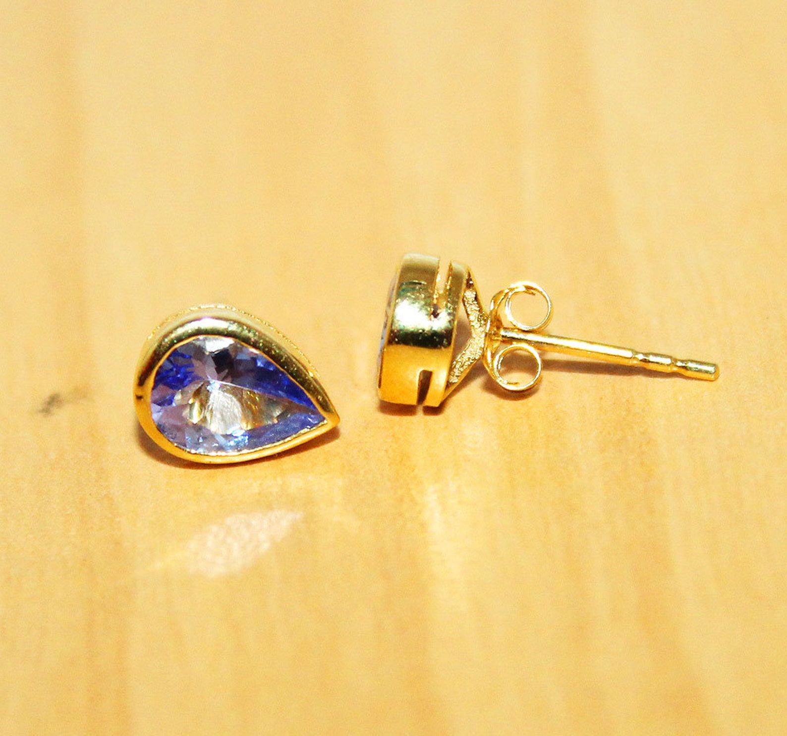 Tanzanite Stud Earrings 9K Yellow Gold Earring Teardrop Etsy