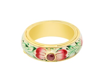 Floral Green Enamel Ruby Band Gemstone Ring : 925 Sterling Silver