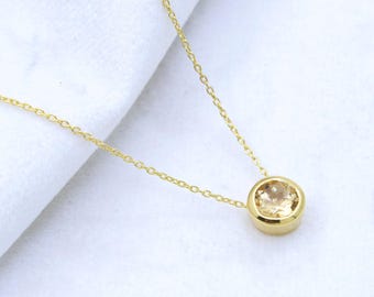 Minimalist Citrine 925 Sterling Silver Necklace, Round Faceted Gemstone