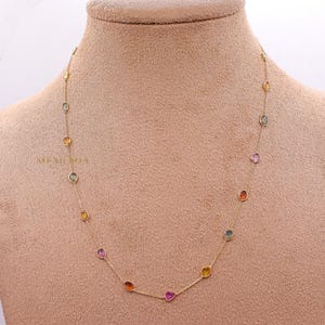18k Yellow Gold Chain Necklace, Multi Sapphire Gemstone, Fashion Jewelry Necklace, 18 Inch Long Chain Necklace, Birthday Gift