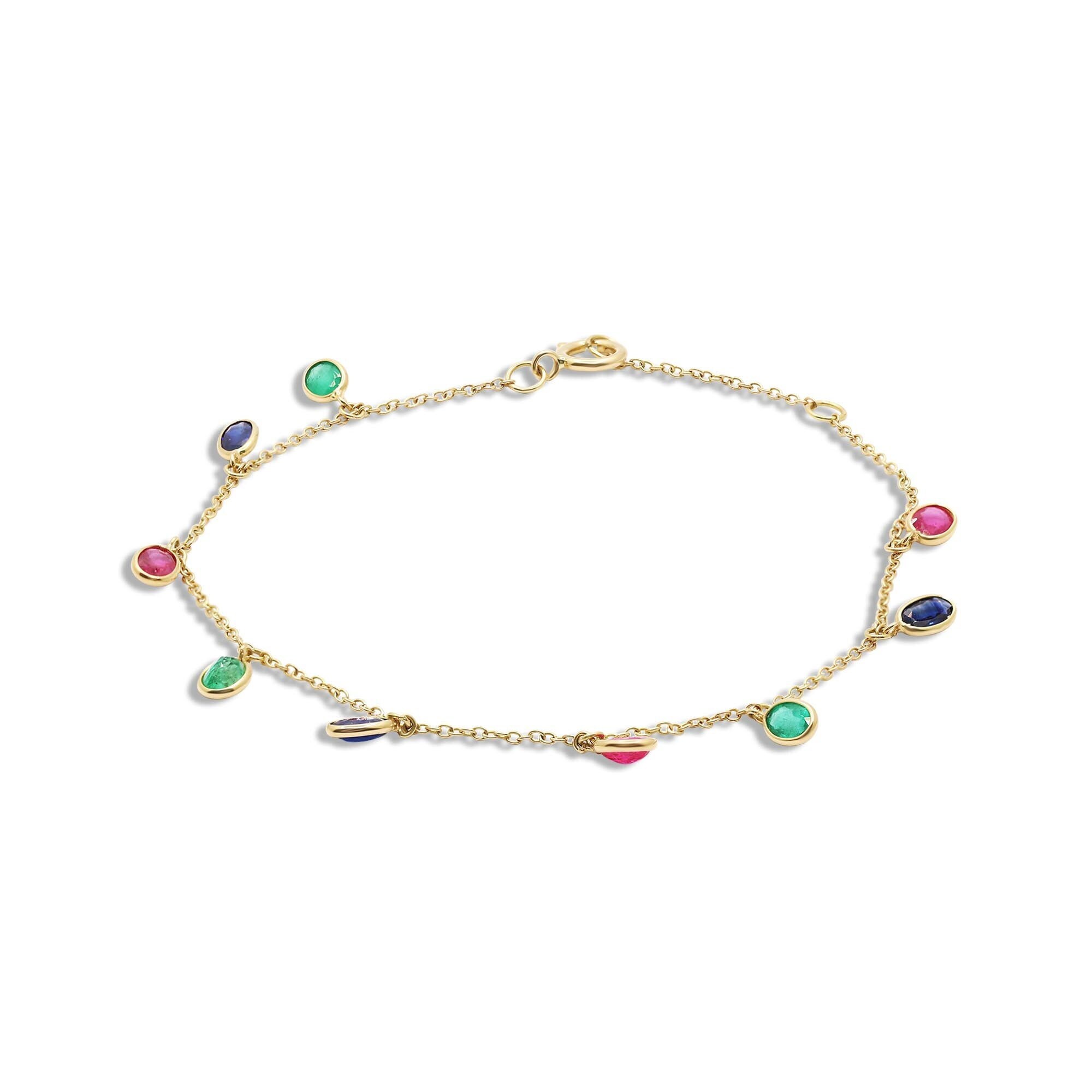 18K Blue Sapphire And Ruby And Emerald Bracelet, Dainty Gold Bracelet, Beautiful Bracelet For Girl's Gold, Gemstone Bracelet Jewelry