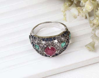 Ruby Emerald Sapphire Diamond Ring : 925 Sterling Silver