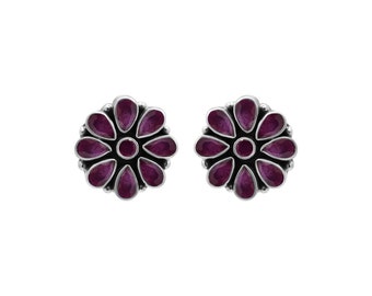 Pendientes de botón de rubí con forma de flor hechos a mano: plata de ley 925