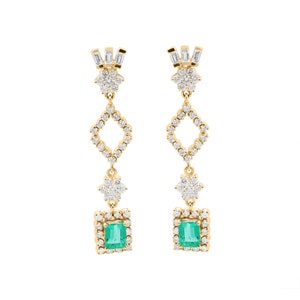 Green Emerald Dangle Earring, White Diamond Earring, 18k Yellow / Rose/ White Dangle Earring, Diamond Earring, Birthday Gift