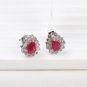 Natural Ruby Faceted Gemstone Earring Stud, 14k White Gold Earring Stud, Diamond Jewelry Earring, Diamond Earring Stud Personalization Gift